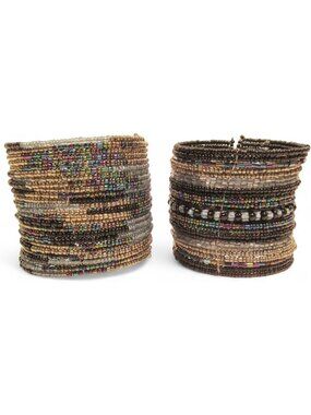 Set of 2 Wide Denim Blue Silver Bling Boho Seed Bead Cuff Bracelets - Chic